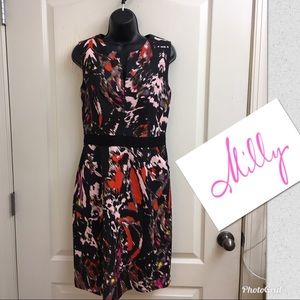 Milly Black Abstract Print Sheath Dress with Pink and Red Accents